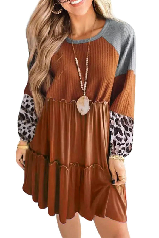 Brown Waffle Knit Leopard Patchwork Long Sleeve Dress Jewelry Bubble