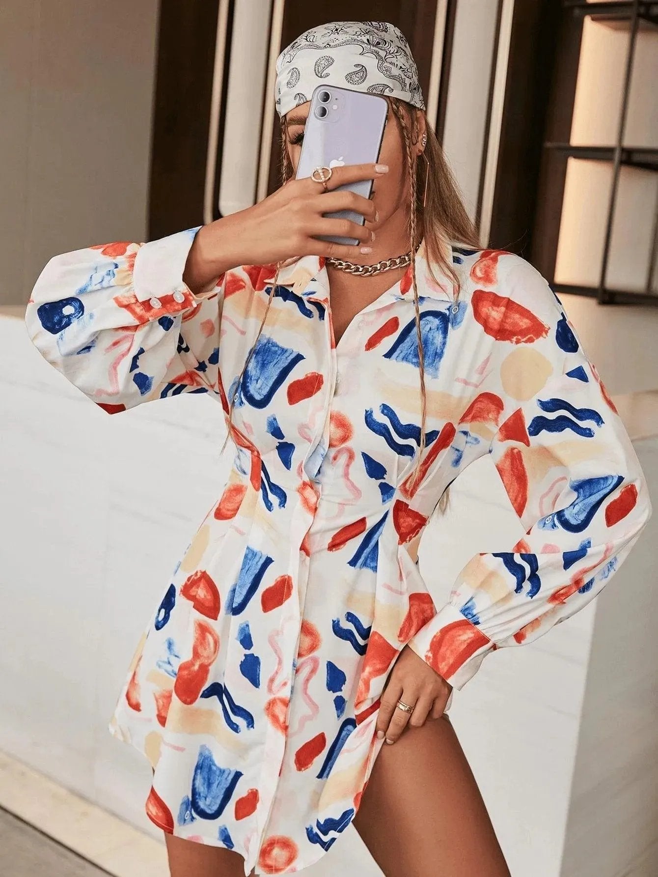 Brush Print Drop Shoulder Shirt Dress