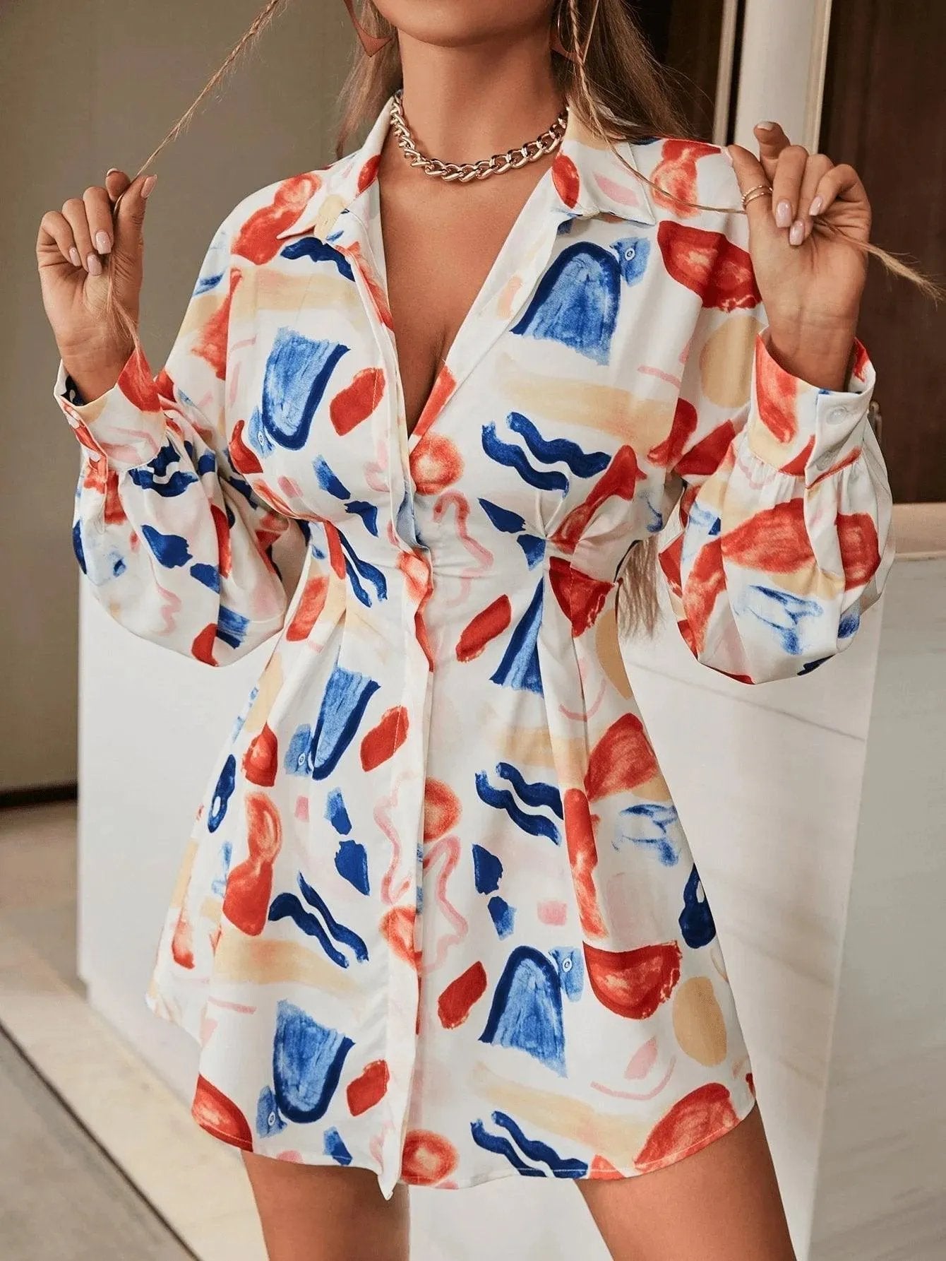 Brush Print Drop Shoulder Shirt Dress