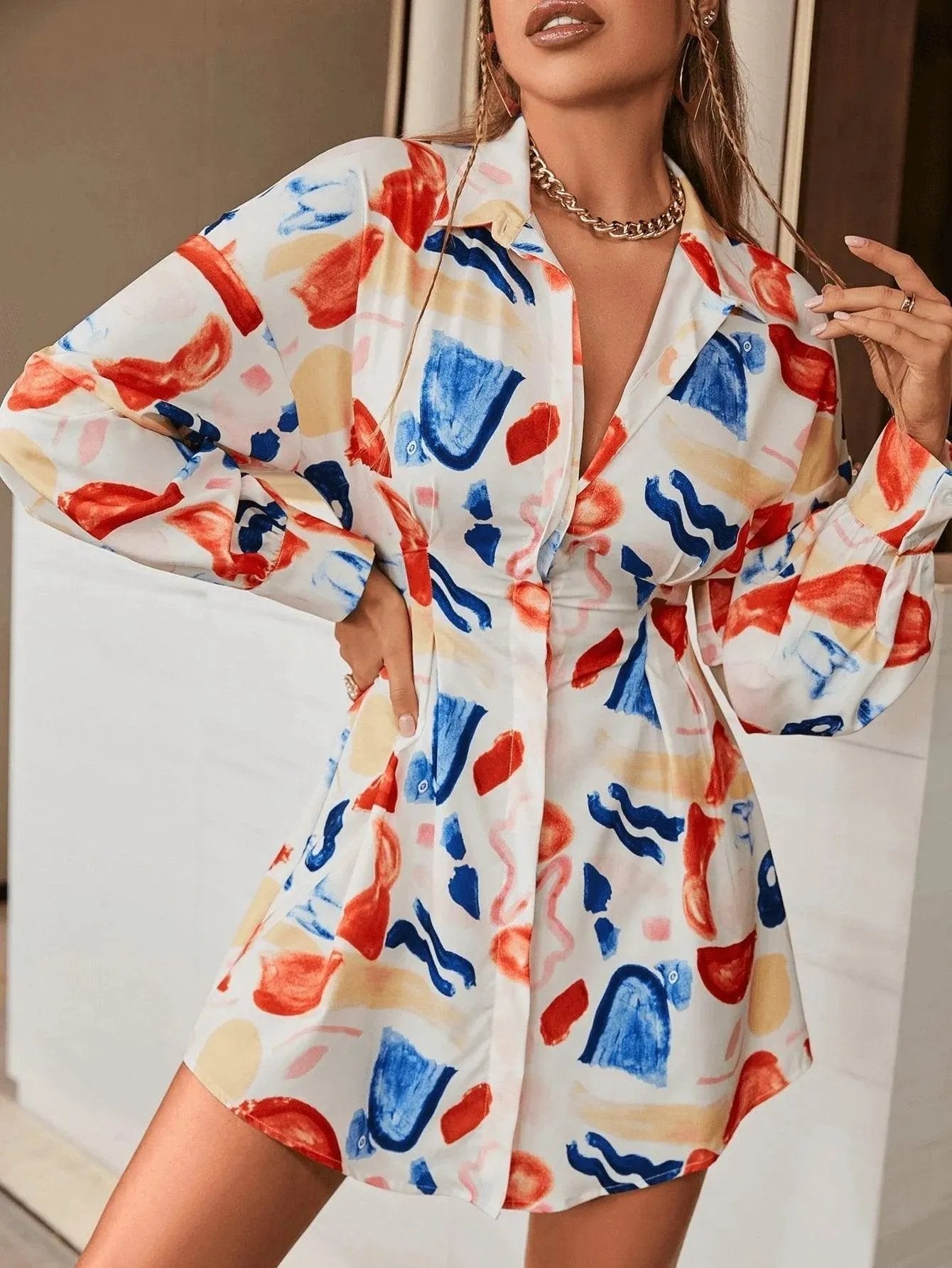 Brush Print Drop Shoulder Shirt Dress