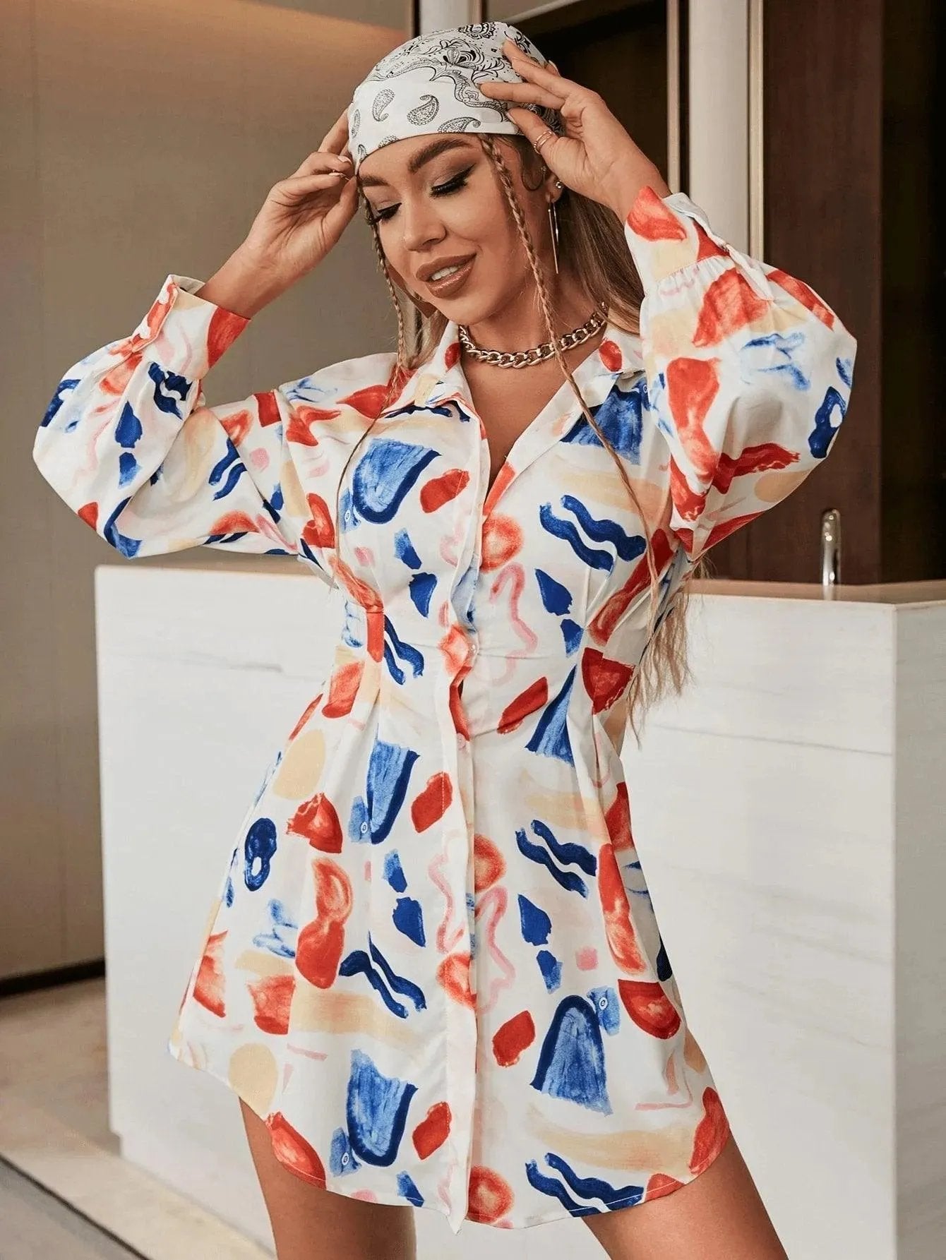 Brush Print Drop Shoulder Shirt Dress