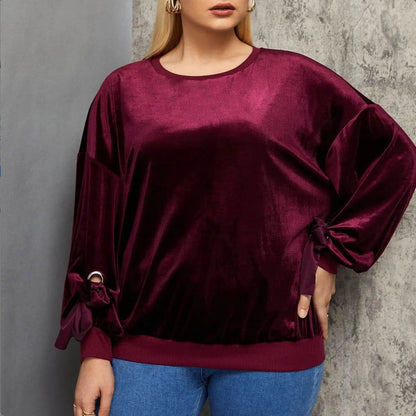 Burgundy Round Neck Lantern Tie Sleeve Velvet Blouse Jewelry Bubble