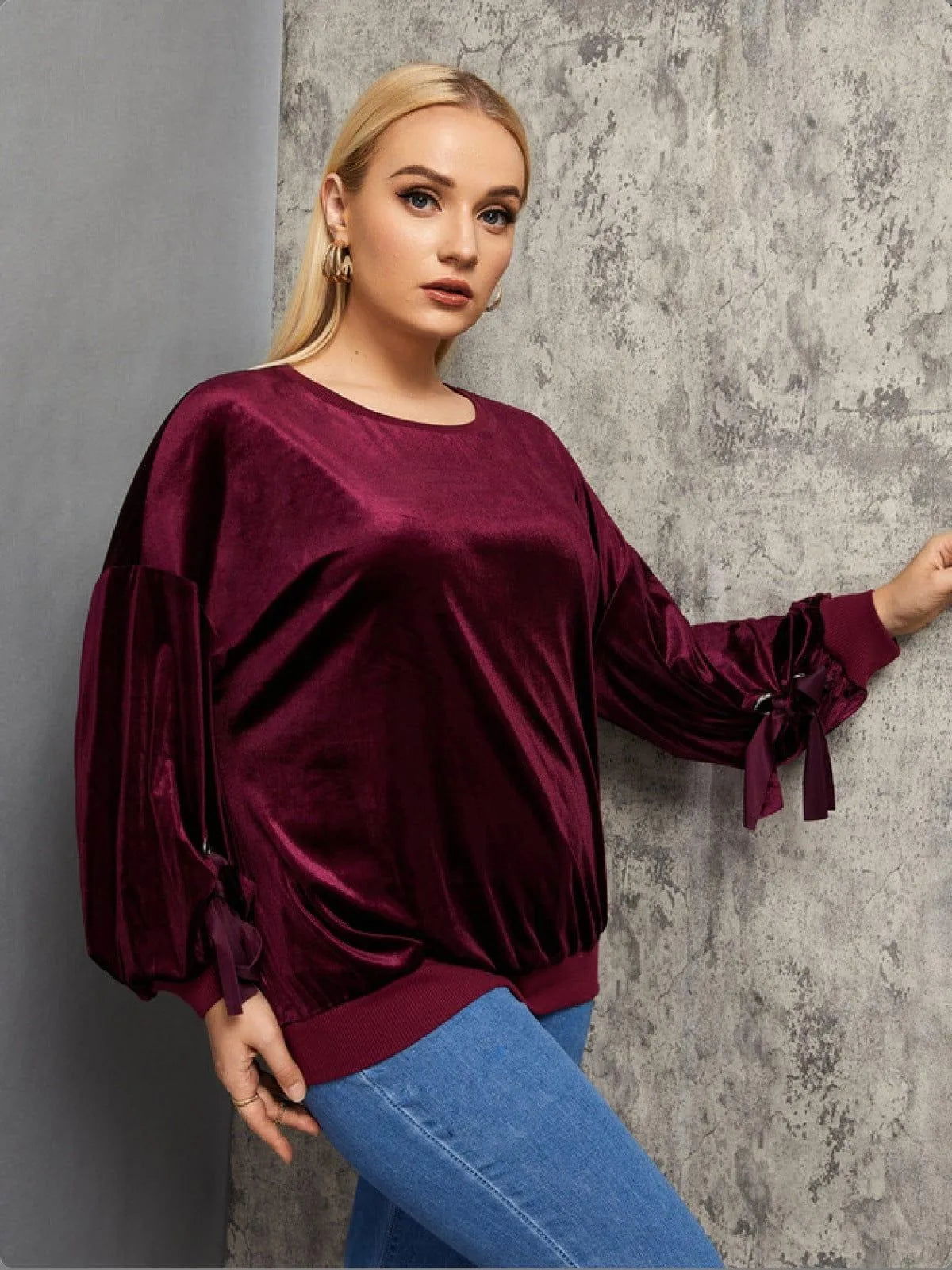 Burgundy Round Neck Lantern Tie Sleeve Velvet Blouse Jewelry Bubble