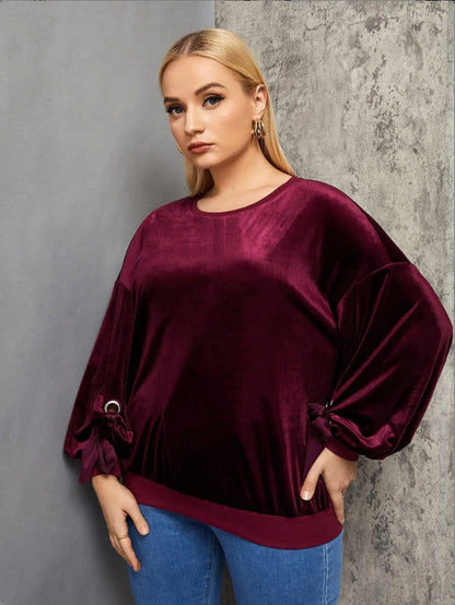 Burgundy Round Neck Lantern Tie Sleeve Velvet Blouse Jewelry Bubble