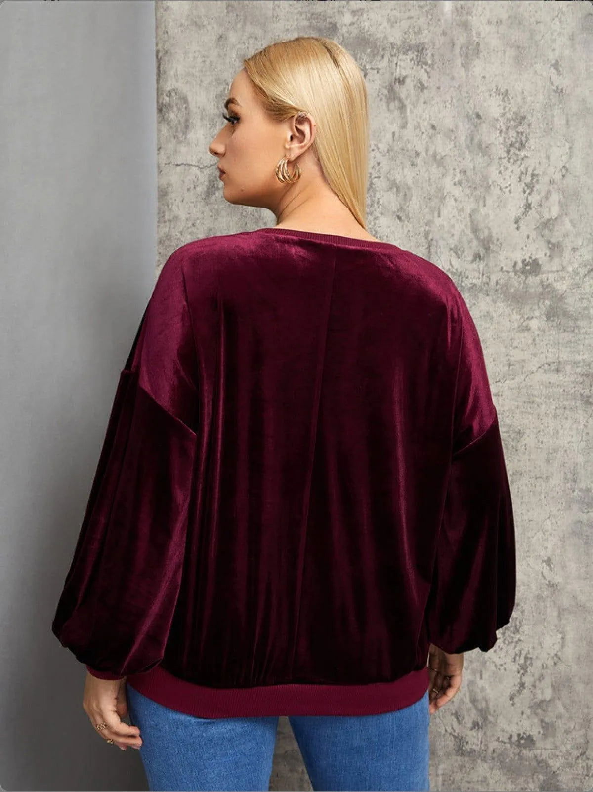 Burgundy Round Neck Lantern Tie Sleeve Velvet Blouse Jewelry Bubble