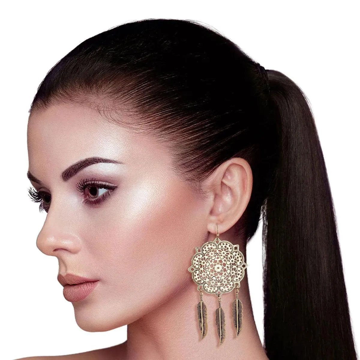 Burnished Gold Feather Mandala Earrings Await
