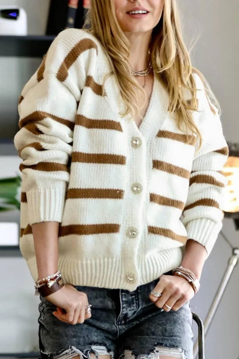 Button Front Striped V Neck Cardigan: Ladies Get Comfy and Chic Jewelry Bubble