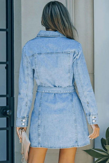 Buttoned Long Sleeve Denim Dress With Tie Jewelry Bubble