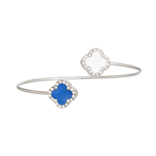 Bypass Dual Clover Bangle: Blue and White Open Cuff Bracelet with Rhinestone Accents for Women Jewelry Bubble