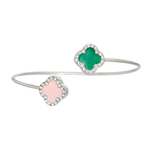 Bypass Dual Clover Bangle: Green and Pink Open Cuff Bracelet with Rhinestone Accents for Women Jewelry Bubble