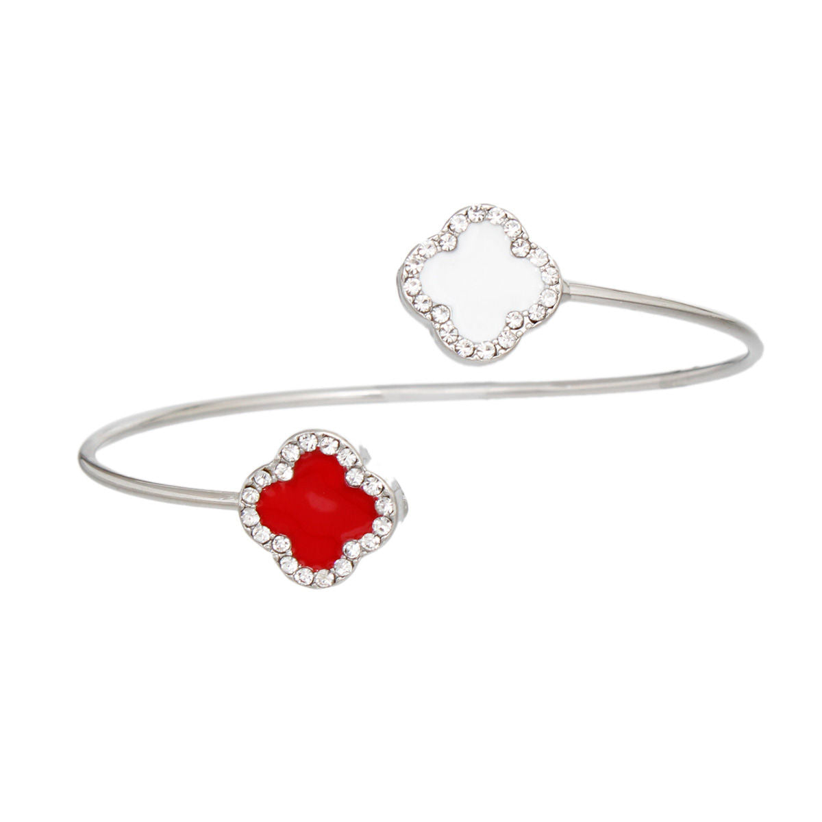 Bypass Dual Clover Bangle: Red and White Open Cuff Bracelet with Rhinestone Accents for Women Jewelry Bubble