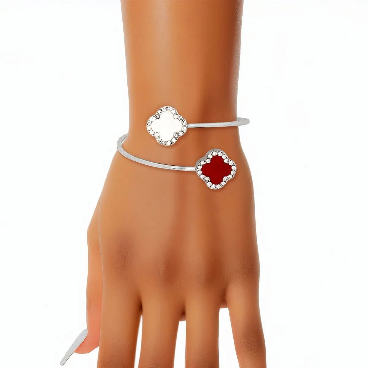 Bypass Dual Clover Bangle: Red and White Open Cuff Bracelet with Rhinestone Accents for Women