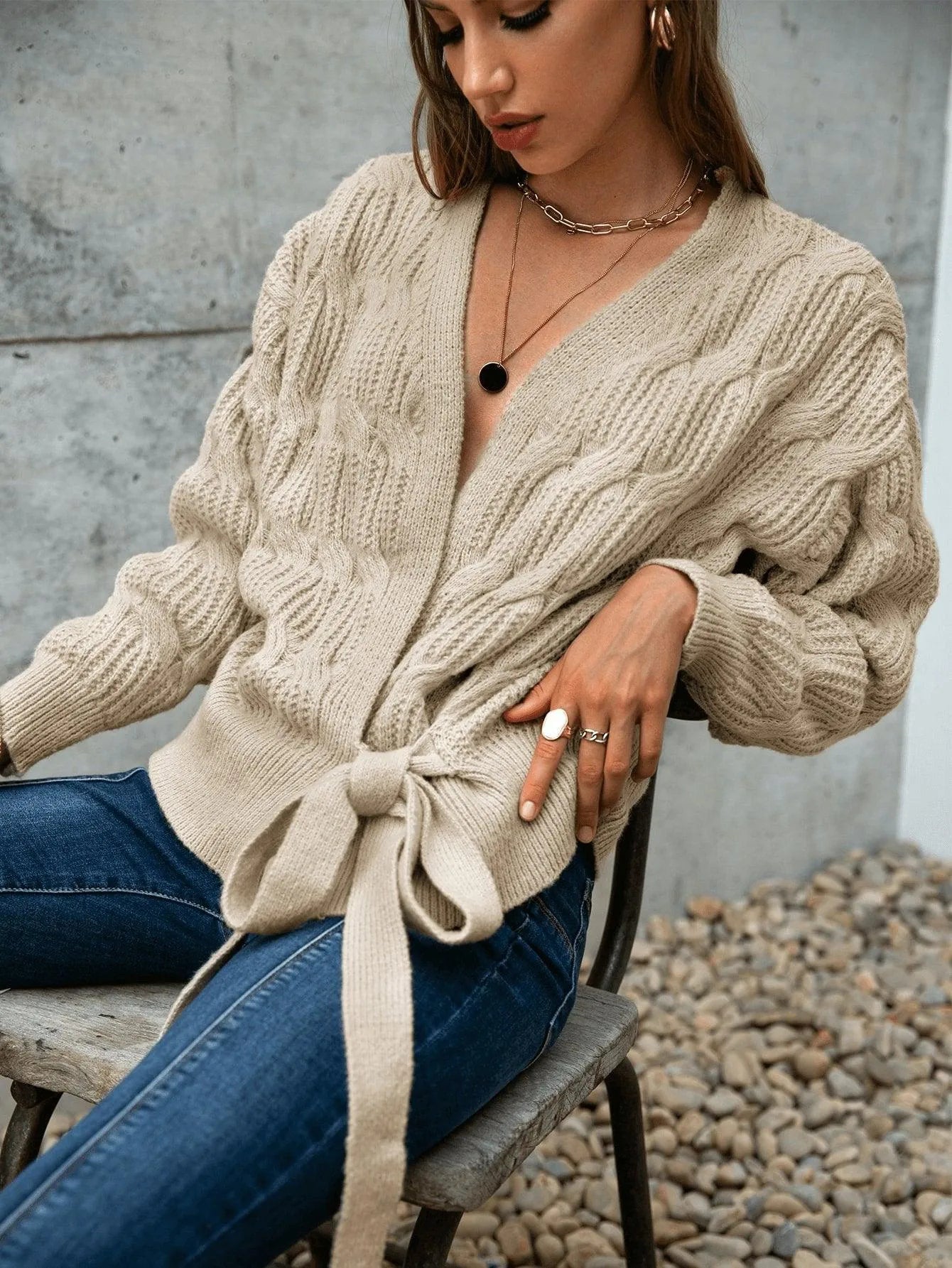 Cable Knit Drop Shoulder Wrap Knot Side Sweater Jewelry Bubble