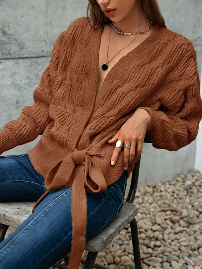 Cable Knit Drop Shoulder Wrap Knot Side Sweater Jewelry Bubble