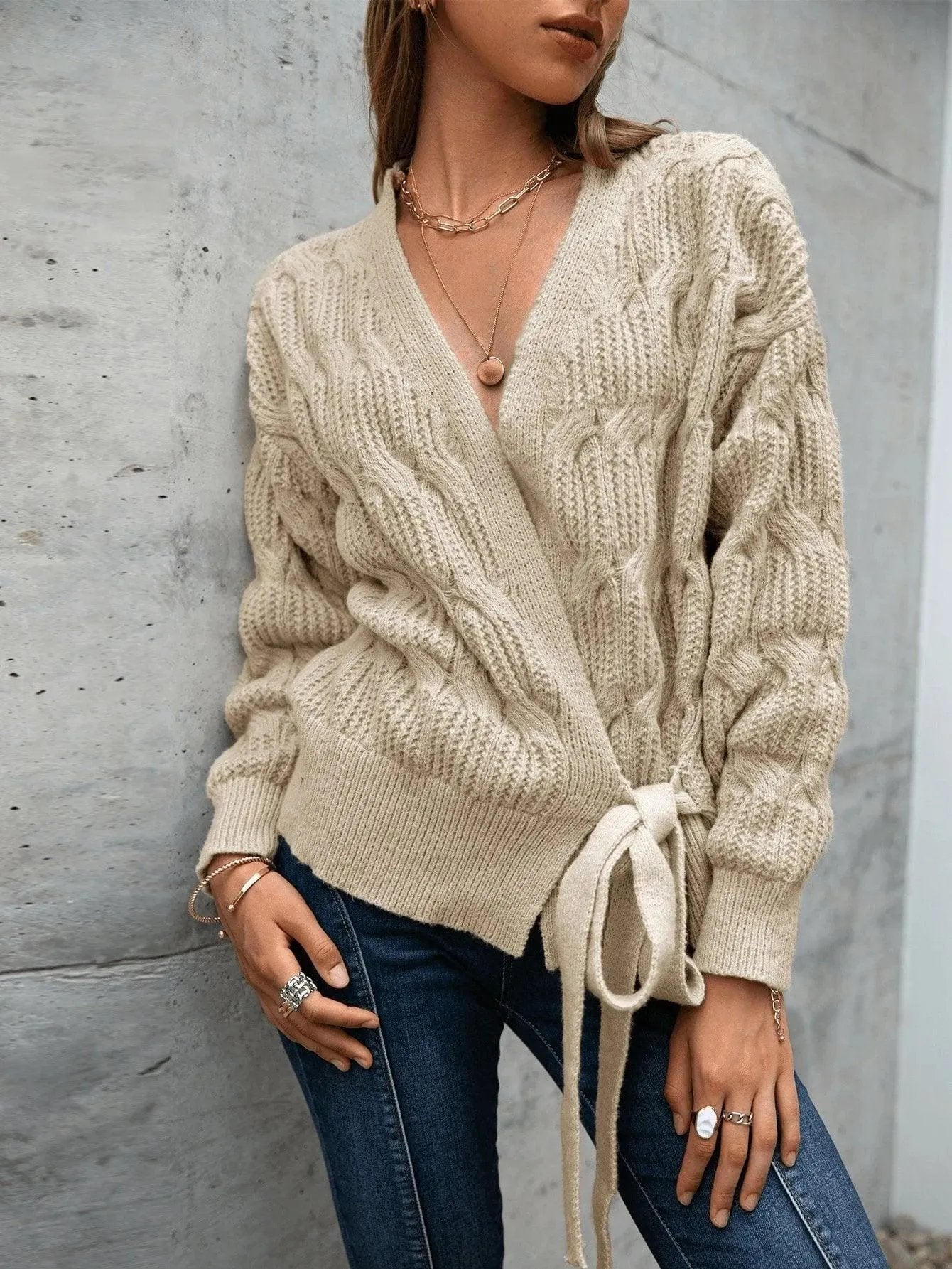 Cable Knit Drop Shoulder Wrap Knot Side Sweater