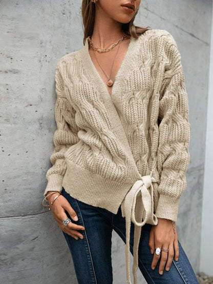 Cable Knit Drop Shoulder Wrap Knot Side Sweater Jewelry Bubble