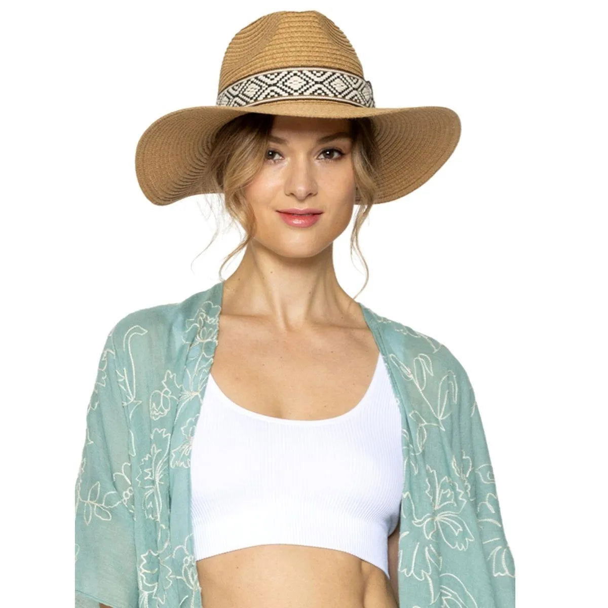 Camel Womens Panama Straw Hat with Woven Detail Jewelry Bubble