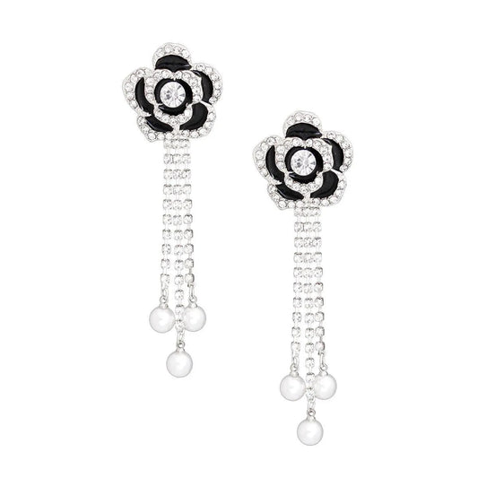 Captivating Black Rose Drop Dangle Silver Earrings: Elegant Accessory Pinktown