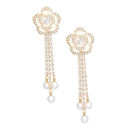 Captivating White Rose Drop Dangle Gold Earrings: Elegant Accessory Pinktown