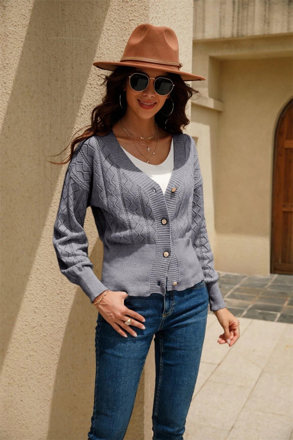 Casual Cut Out V-Neck Single-breasted Cardigans Jewelry Bubble