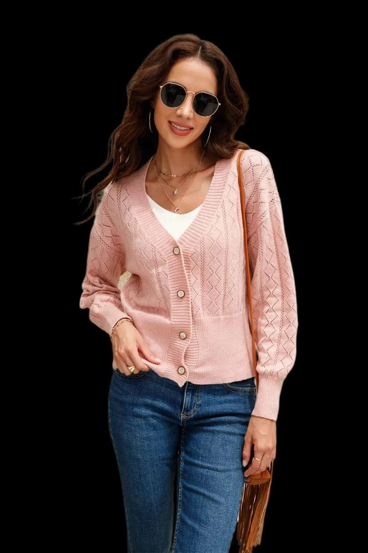 Casual Cut Out V-Neck Single-breasted Cardigans Jewelry Bubble