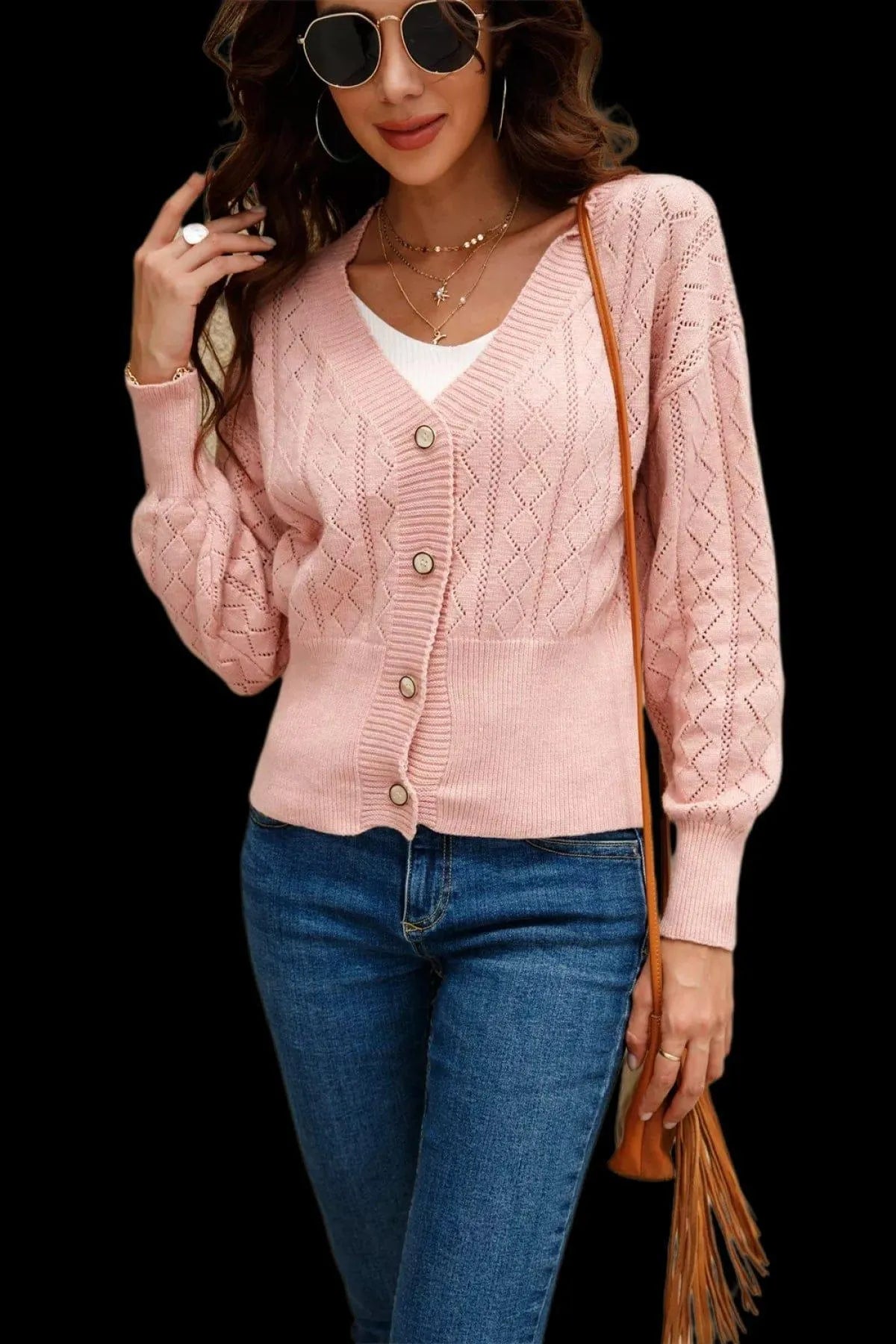 Casual Cut Out V-Neck Single-breasted Cardigans Jewelry Bubble