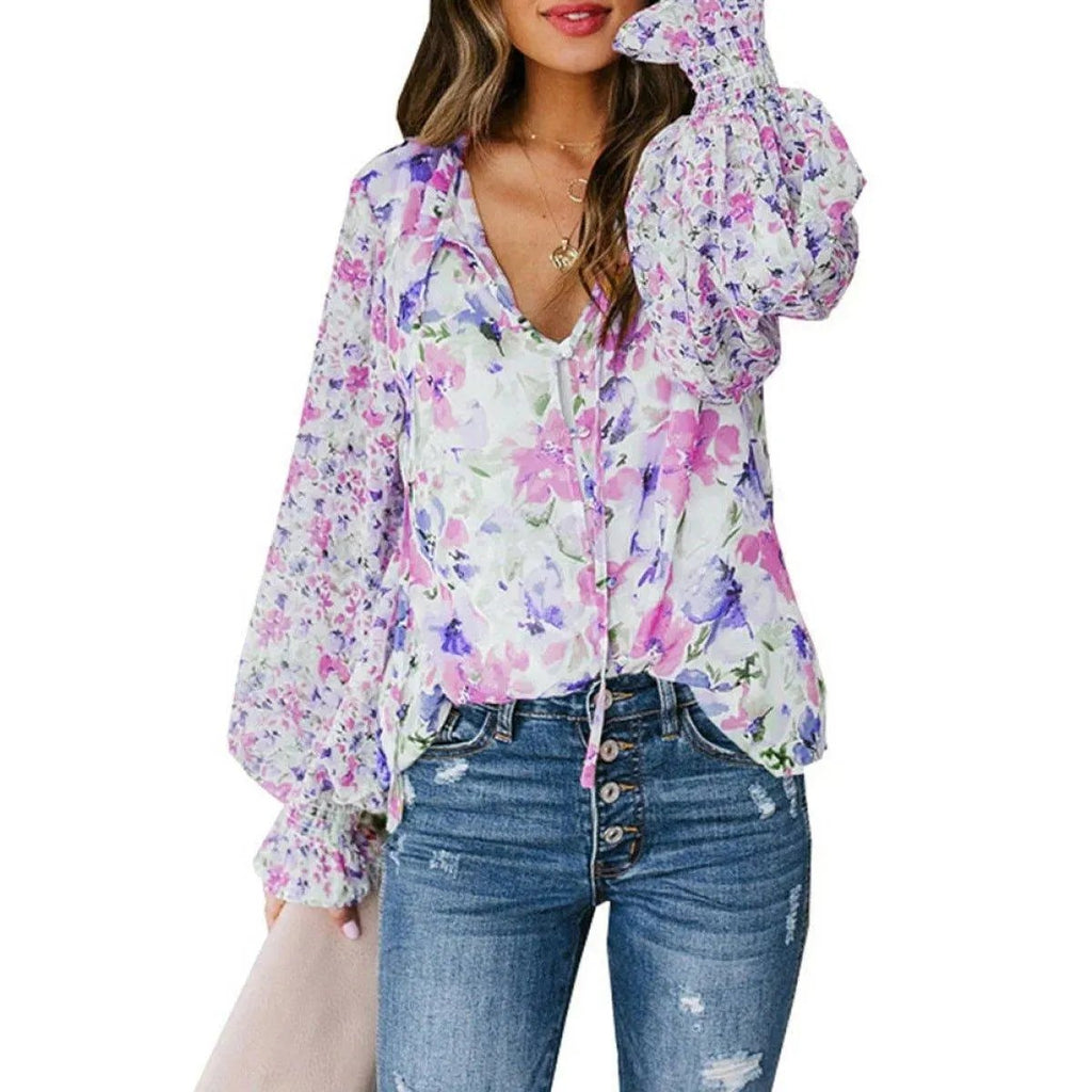 Casual Floral Print Balloon Sleeve Tie Front Blouse