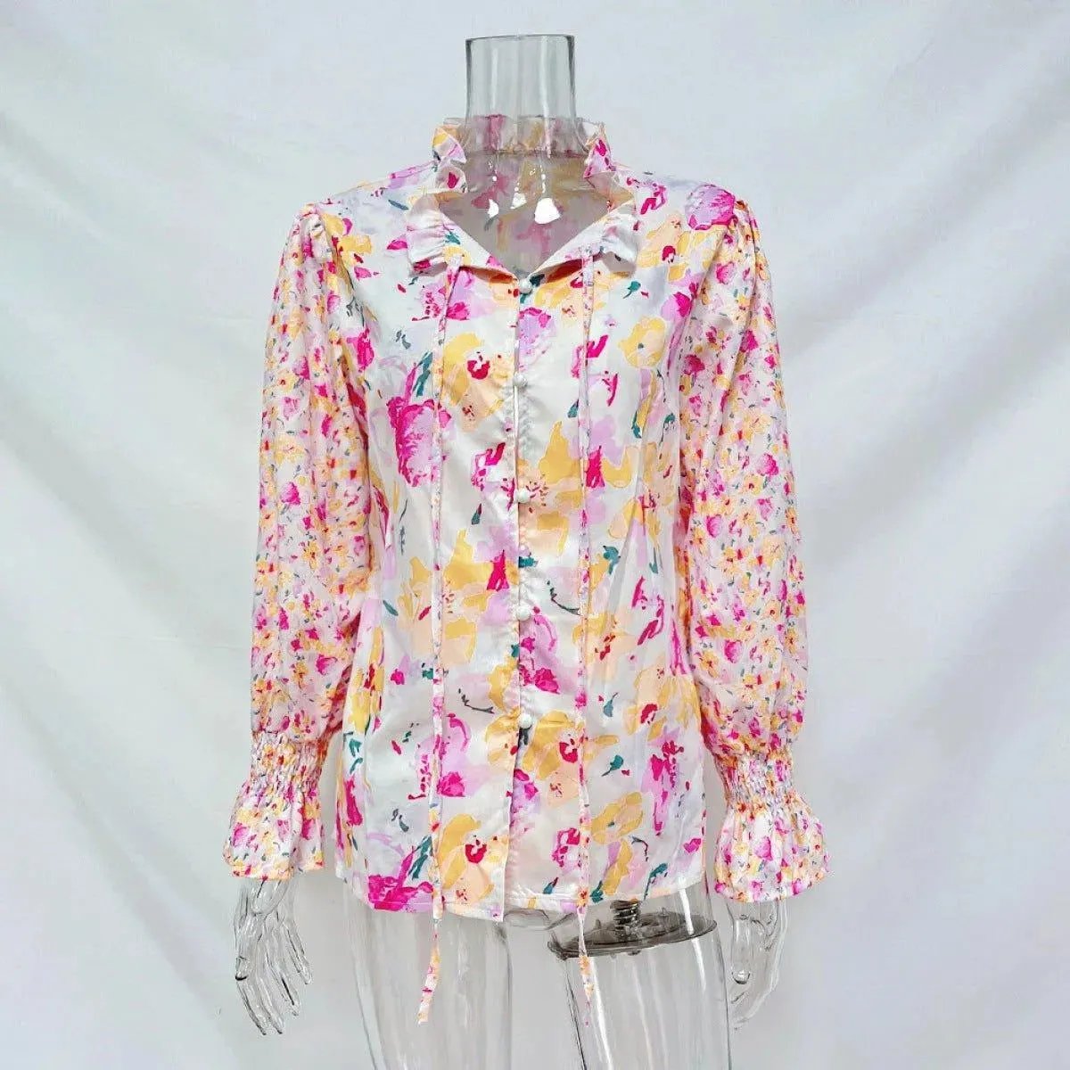 Casual Floral Print Balloon Sleeve Tie Front Blouse