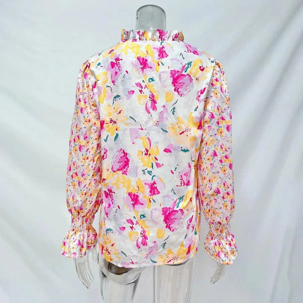 Casual Floral Print Balloon Sleeve Tie Front Blouse