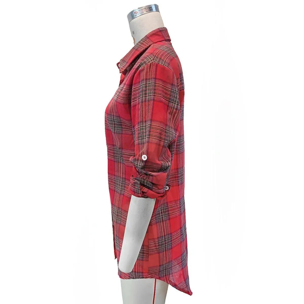 Casual Red Plaid Single-Breasted Long-Sleeved Shirt