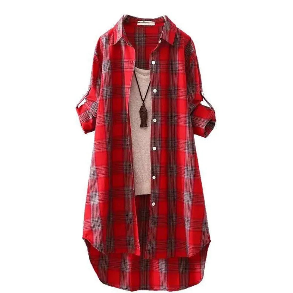 Casual Red Plaid Single-Breasted Long-Sleeved Shirt