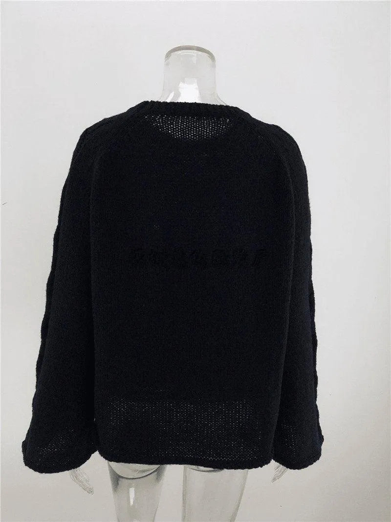 Casual Round Neck Bell Sleeve Solid Color Sweater Jewelry Bubble