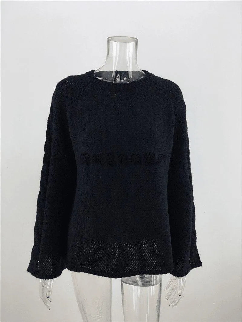 Casual Round Neck Bell Sleeve Solid Color Sweater Jewelry Bubble