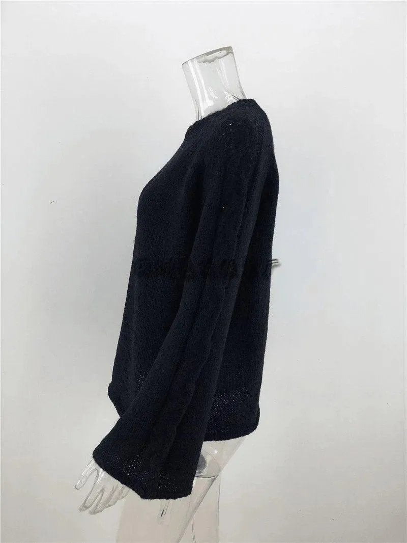 Casual Round Neck Bell Sleeve Solid Color Sweater