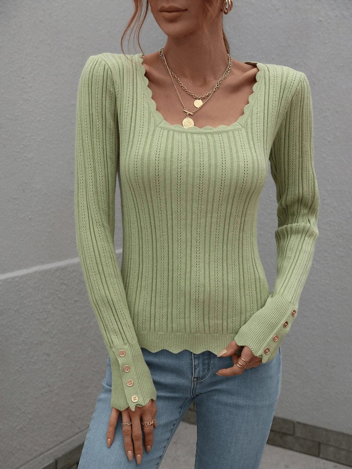 Casual Square Neck Ribbed Solid Color Sweater Jewelry Bubble