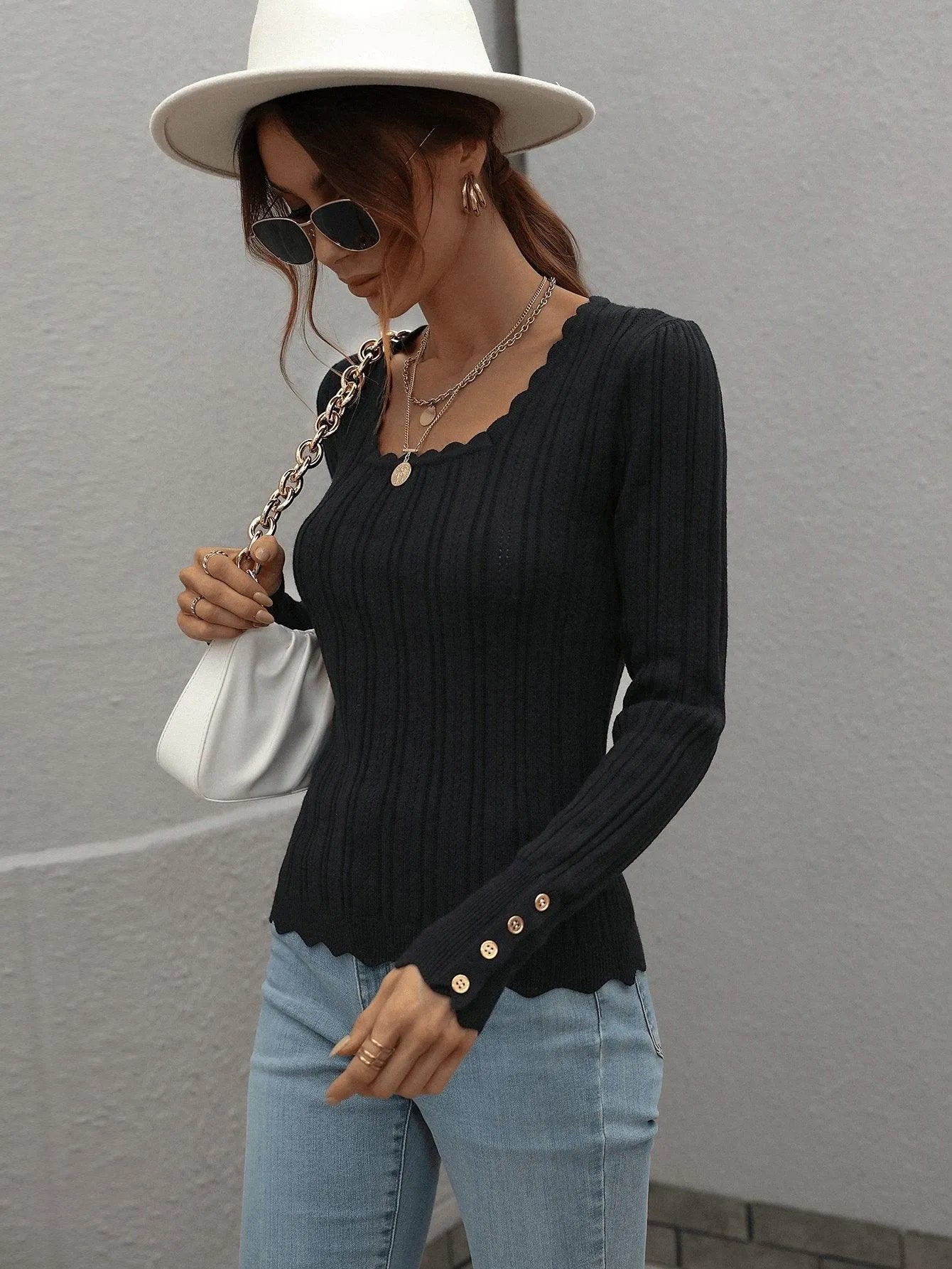 Casual Square Neck Ribbed Solid Color Sweater Jewelry Bubble