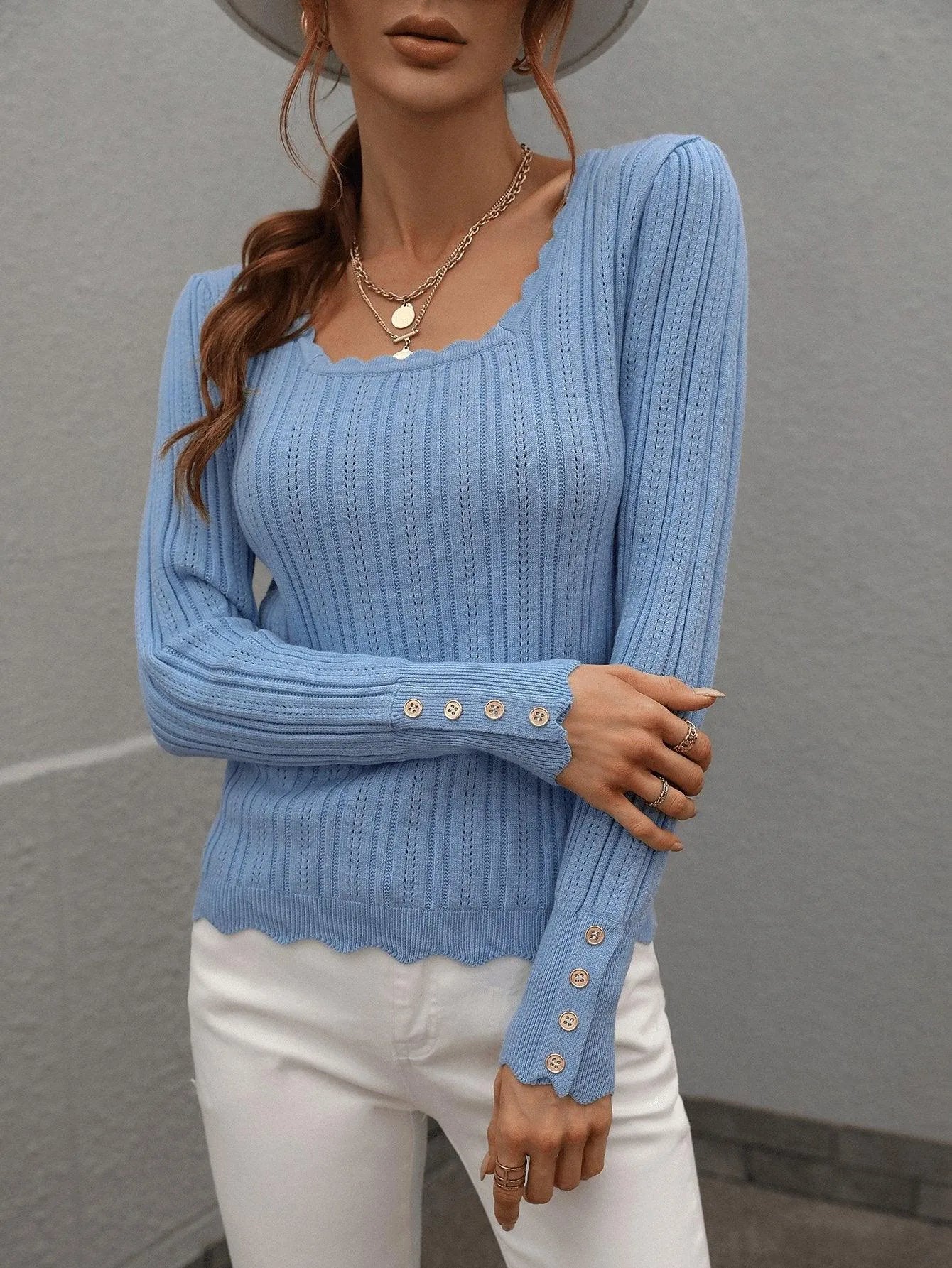 Casual Square Neck Ribbed Solid Color Sweater Jewelry Bubble