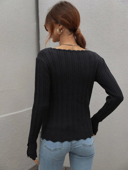 Casual Square Neck Ribbed Solid Color Sweater Jewelry Bubble