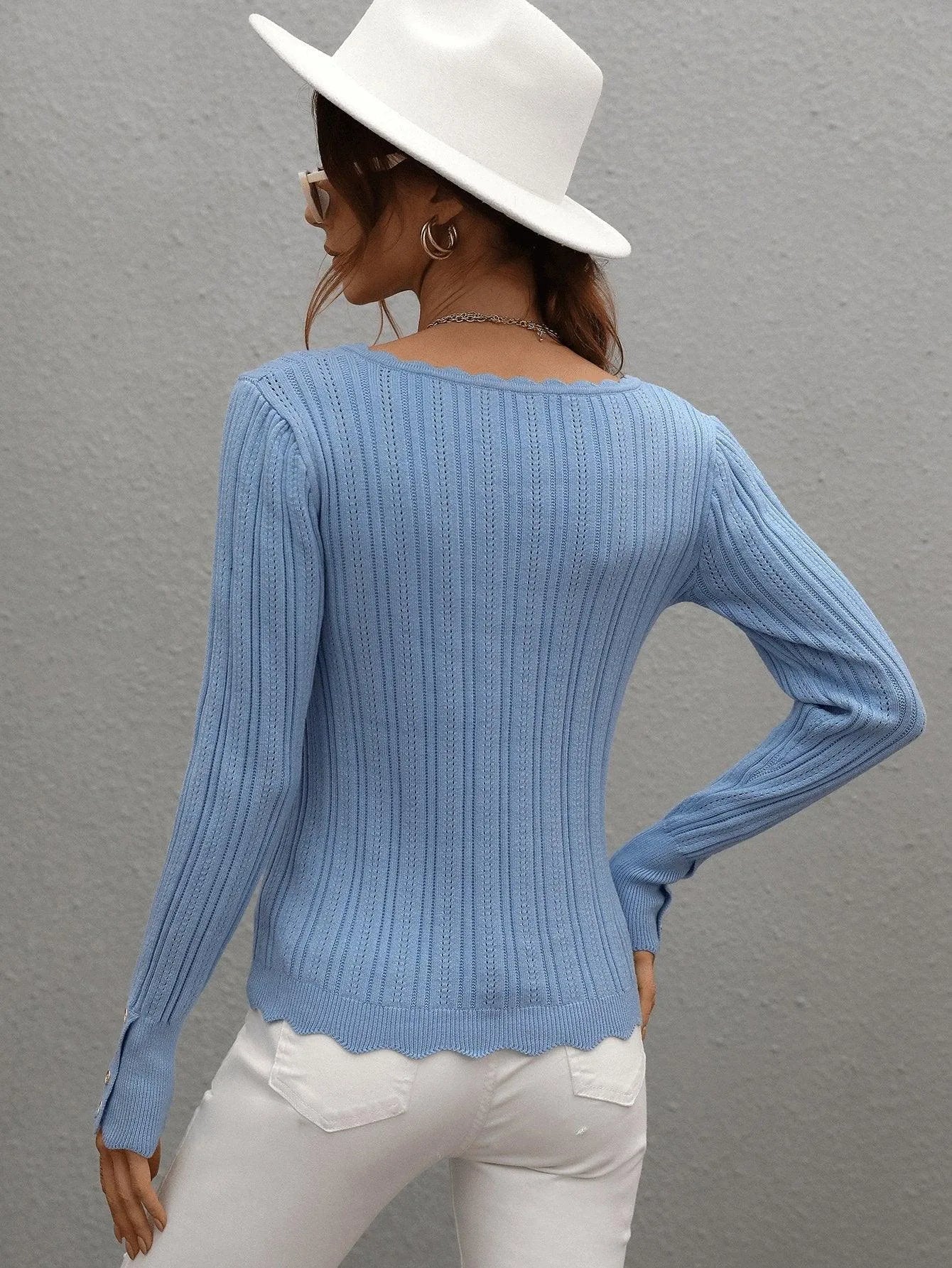 Casual Square Neck Ribbed Solid Color Sweater Jewelry Bubble