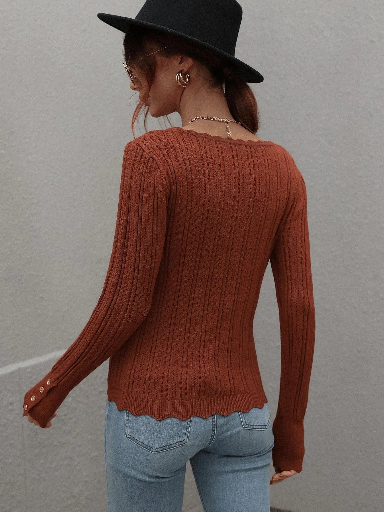 Casual Square Neck Ribbed Solid Color Sweater Jewelry Bubble