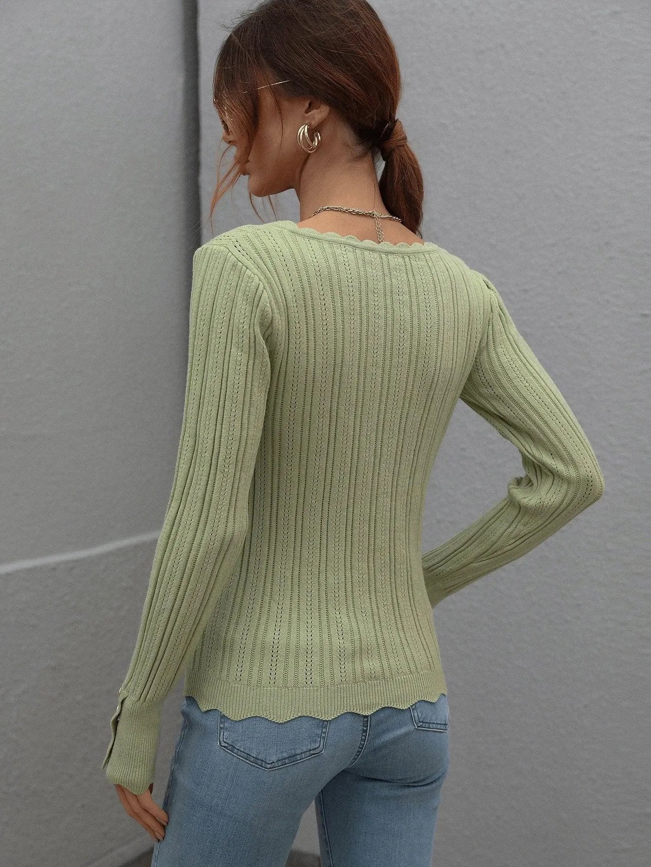 Casual Square Neck Ribbed Solid Color Sweater Jewelry Bubble