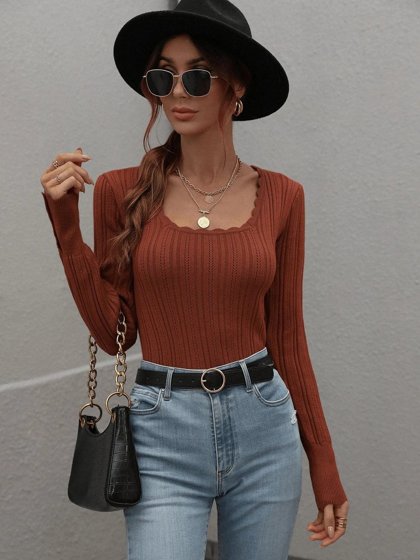 Casual Square Neck Ribbed Solid Color Sweater Jewelry Bubble