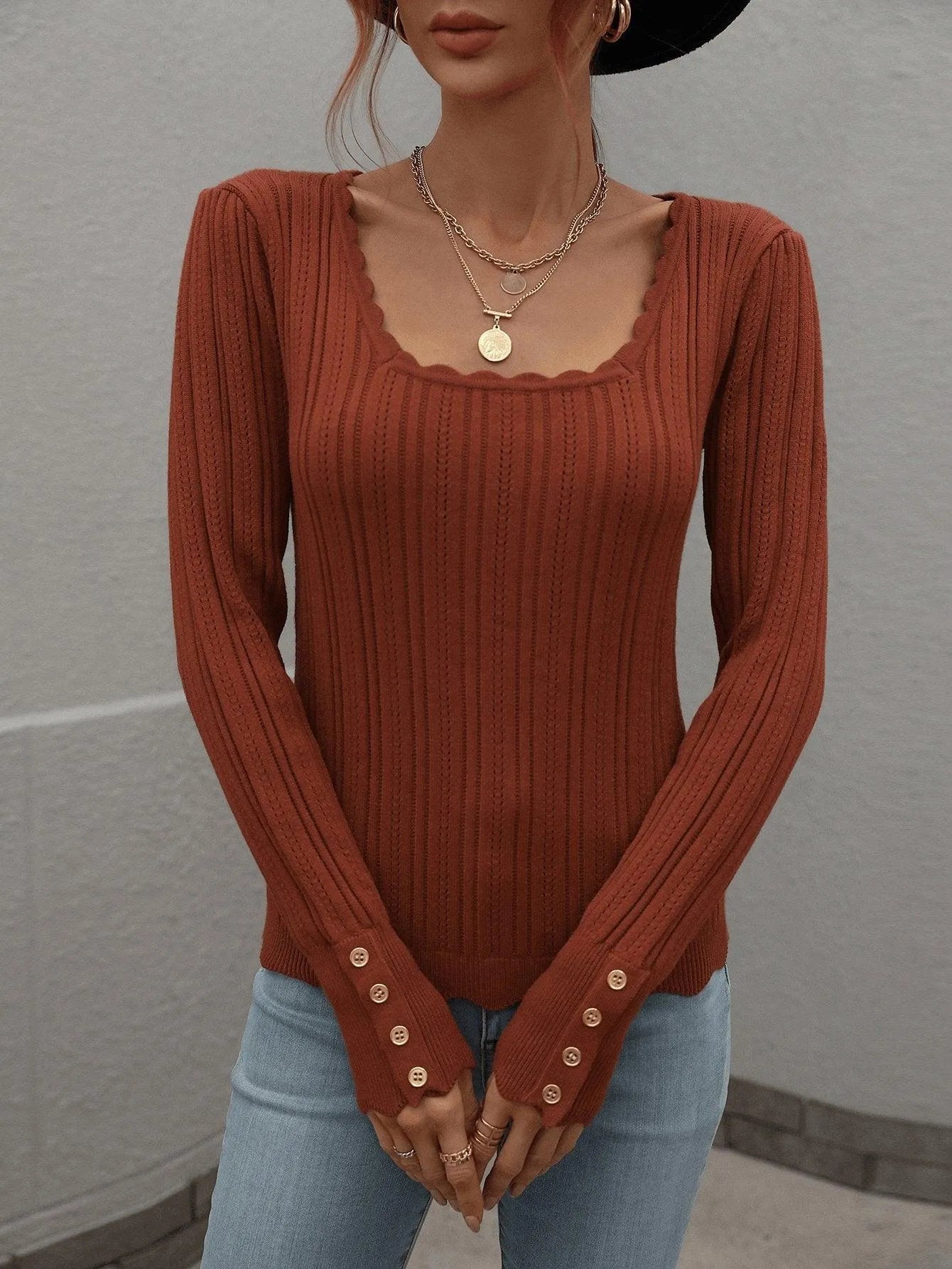 Casual Square Neck Ribbed Solid Color Sweater Jewelry Bubble