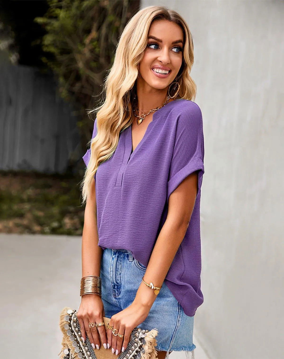 Casual V-Neck Short Sleeves Top Jewelry Bubble