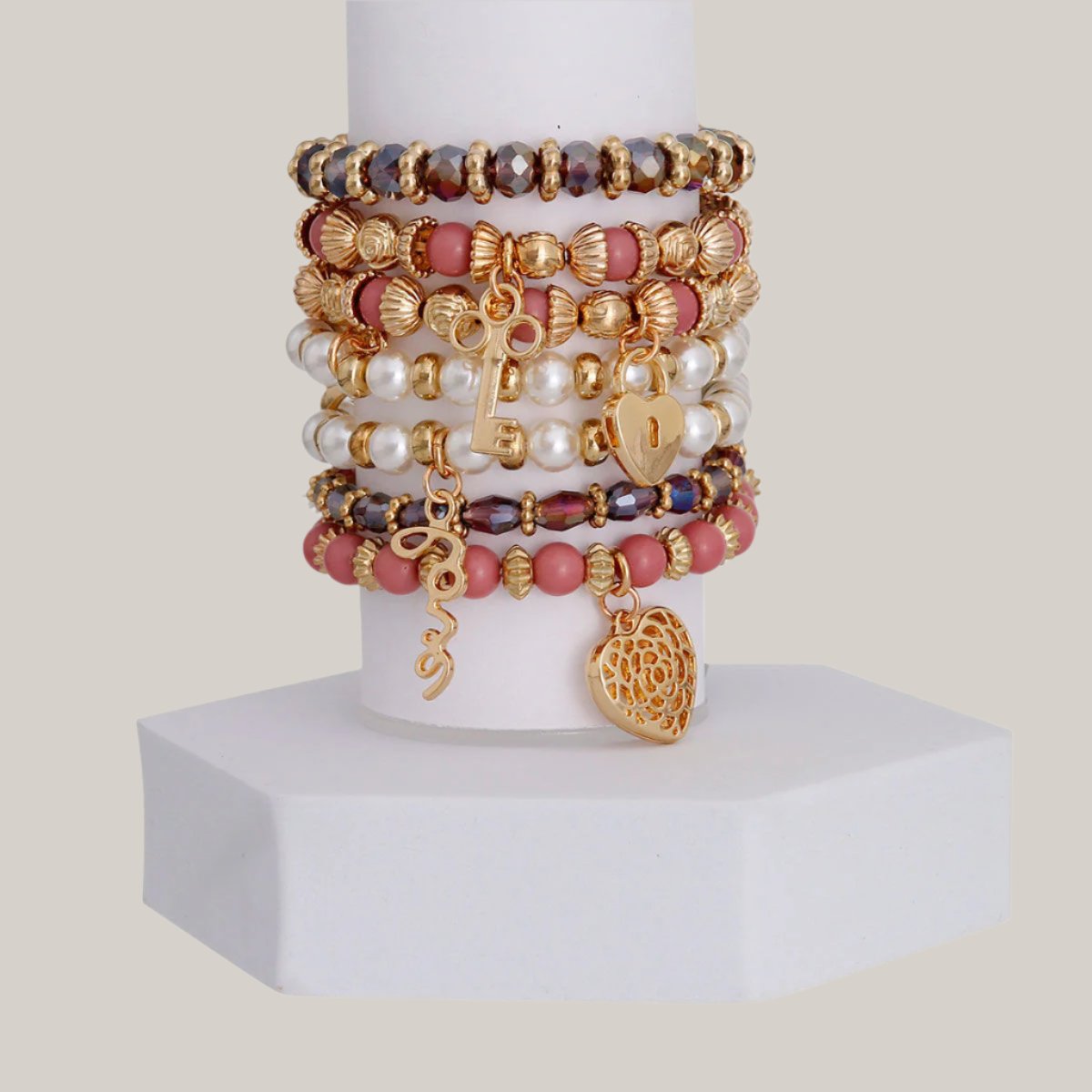 Charmed Life Gold-Tone Bracelet Stack Mauve Bead and Pearl Jewelry Bubble