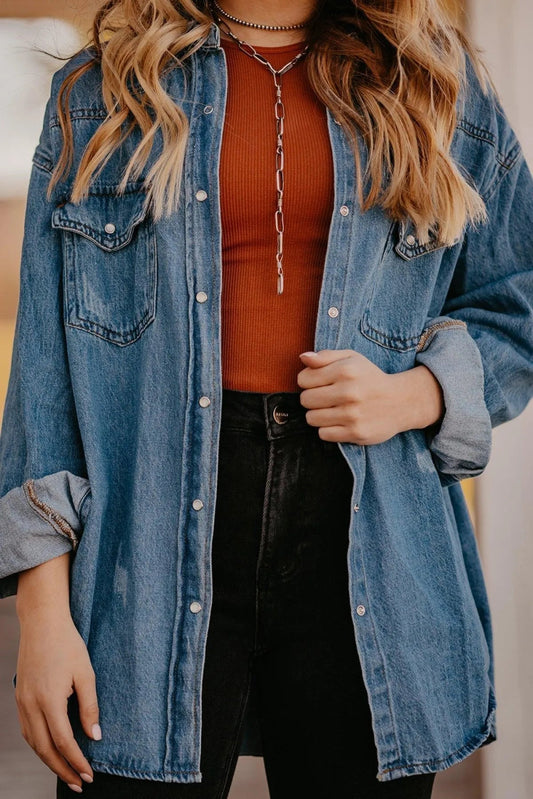 Chest Pockets Long Sleeve Denim Shirt Jacket Jewelry Bubble