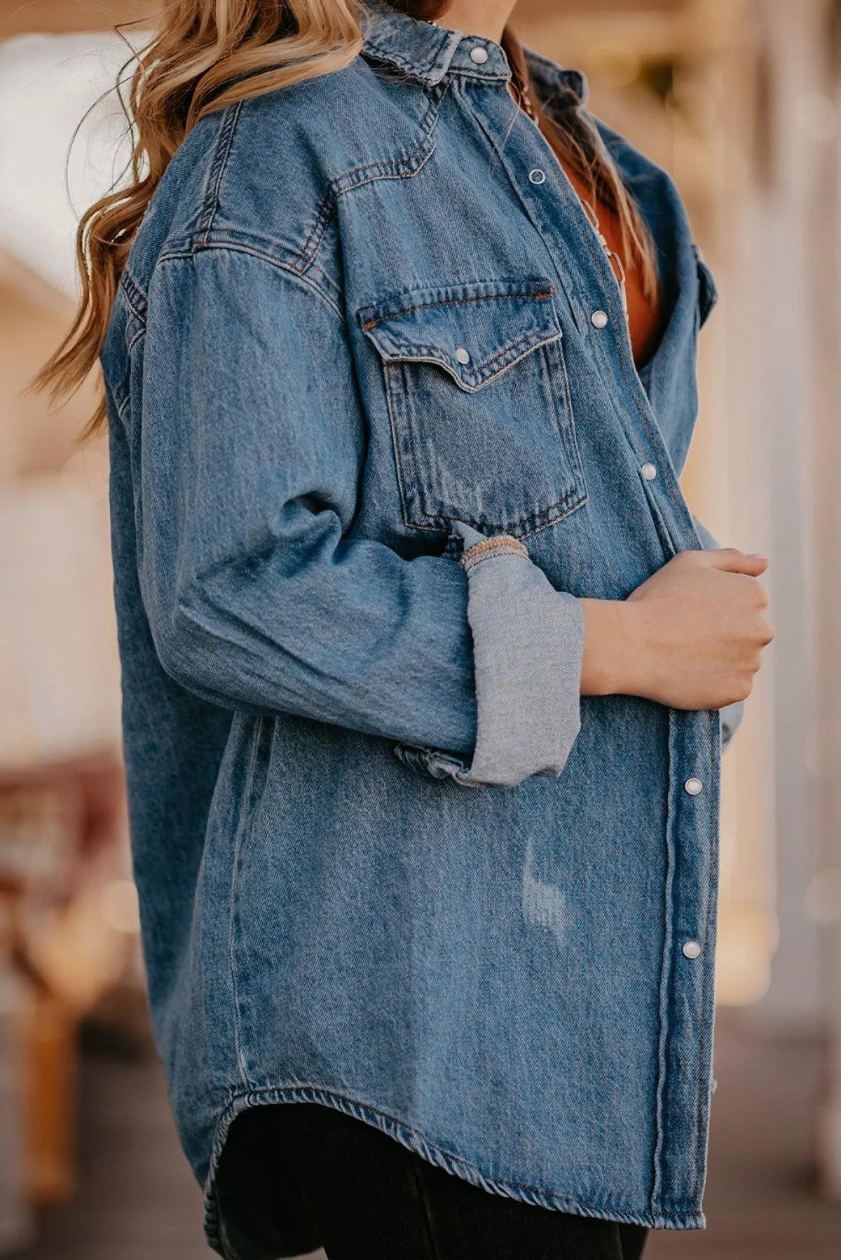 Chest Pockets Long Sleeve Denim Shirt Jacket Jewelry Bubble