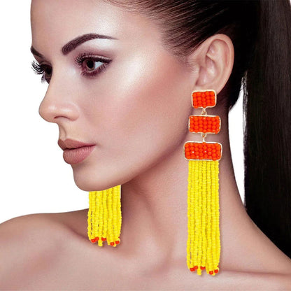 Chic Gold Rectangle & Orange Beaded Earrings - Yellow Tassel Drop Jewelry Bubble