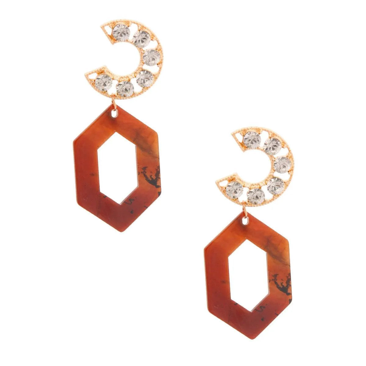 Chic Gold-tone C-Shaped Crystal Earrings with Resin Drops Jewelry Bubble