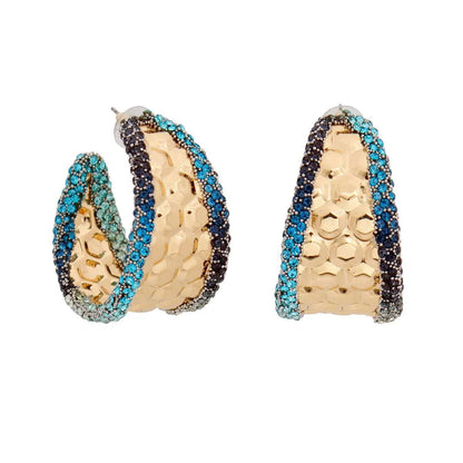 Chic Hoop Earrings Gold Textured Blue Rhinestone Detail Jewelry Bubble